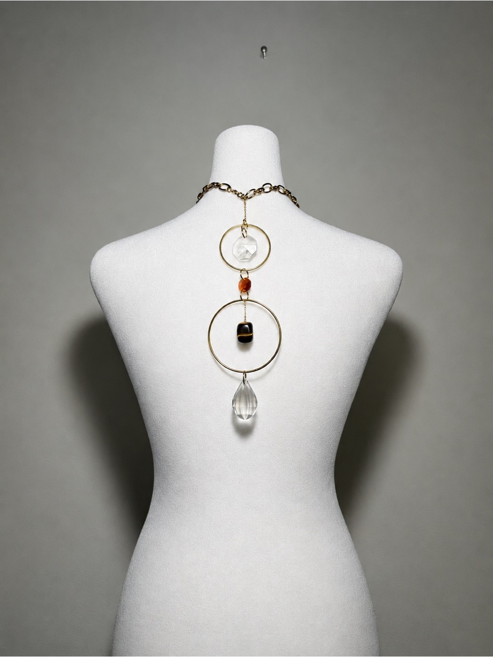 One Of A Kind Rare Gold Hoop Pendant Back Necklace with Clear and Black Accents
